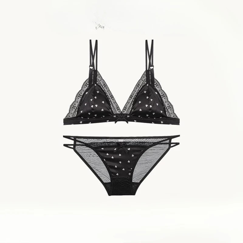Französischer Stil Süßer Triangel-BH Lingerie Set Damen Satin Spitze Drahtlos Kleiner Busen Raffiniert Dünner Stoff Sexy Weiche Unterwäsche S-XL