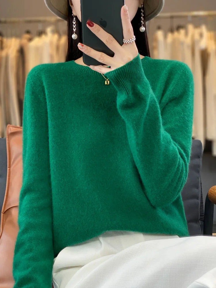 100 % Merinowolle Pullover Damen O-Ausschnitt Kaschmir Strickwaren Female Pullover Herbst Winter Freizeit Oberteile Einfarbig Weiche Kleidung