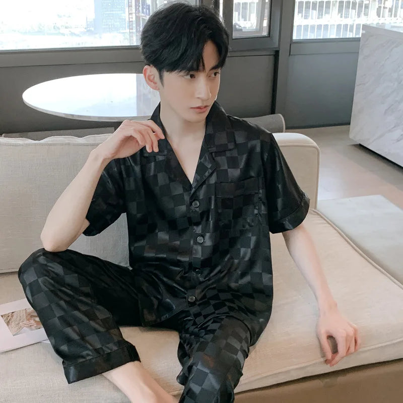 Hochwertiges Pyjama-Set Herren Frühling Herbst Dünn Polyester Eisseide Langarm Schlafanzug Übergröße Sommer Hauskleidung Männlich