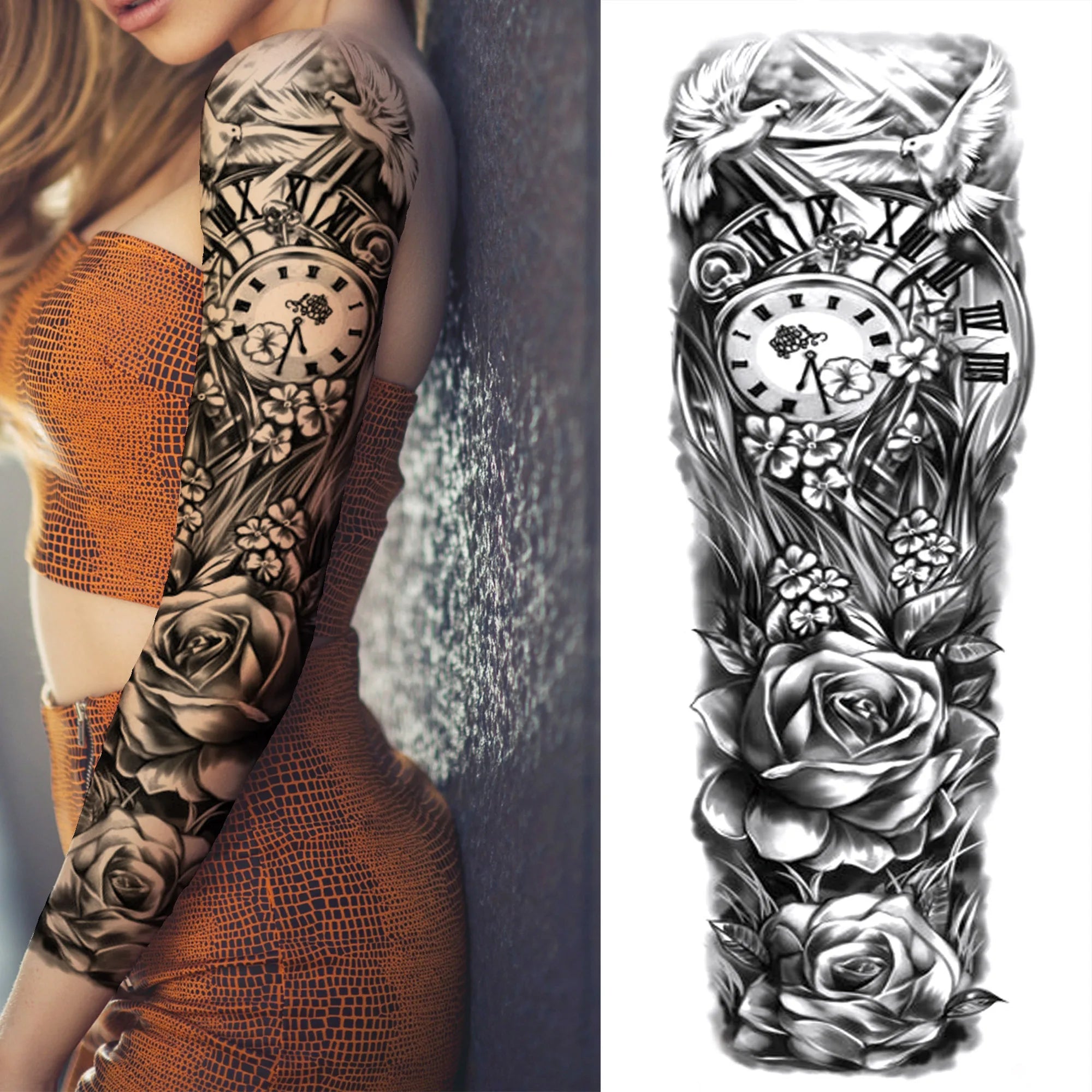 1 Sheet Full Arm Compass Zeus Skull Tiger Lion Flower Temporary Tattoos Sleeve For Men Women Adults Fake Temp Sticker Tattoo