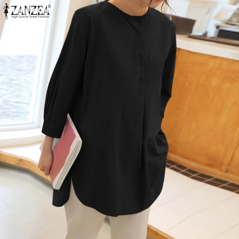 ZANZEA Mode Herbst Langarm Bluse Damen Weites Hemd Elegant Einfarbig OL Arbeitsplatten Lässig Locker Urlaub Arbeit Blusen Damen