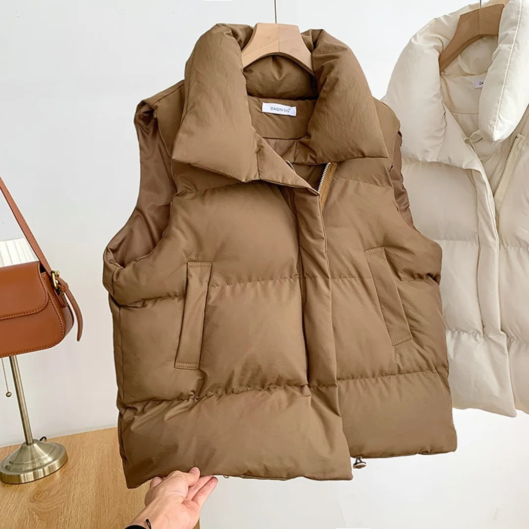 Damenmode Herbst Neu 2024 Stehkragen Elegante Daunenmäntel Warme Oberbekleidung Freizeitgürtel Ärmellose Winter Damenwesten Jacken