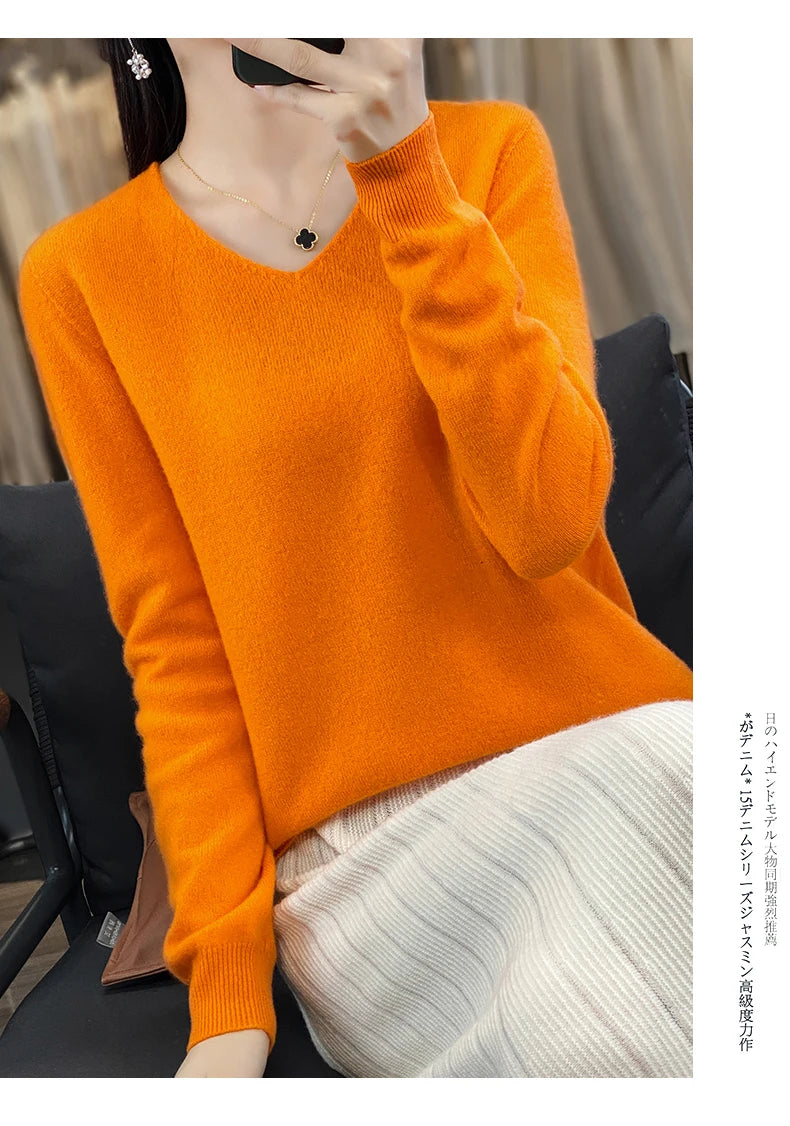 Damen 100% Merinowolle Pullover V-Ausschnitt Basic Pulli Herbst Winter Kaschmir Kleidung Langarm Weiche Strickware Oberteile Unifarben
