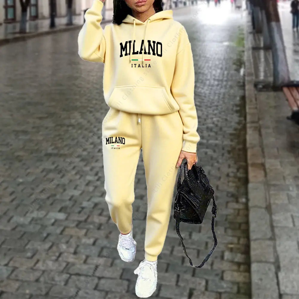 Herbst Winter Damen Sets 2-teilige Hoodies Hosen Anzug Sport Outfits 2025 MILANO Buchstaben-Print Ästhetische Kleidung Damen Trainingsanzug