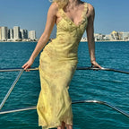 Kryptografischer Sommer Blumenmuster Plunge Maxikleid Outfits Sexy rückenfreie Feen Sonnenkleider Urlaub Strandmode Vestido Coquette