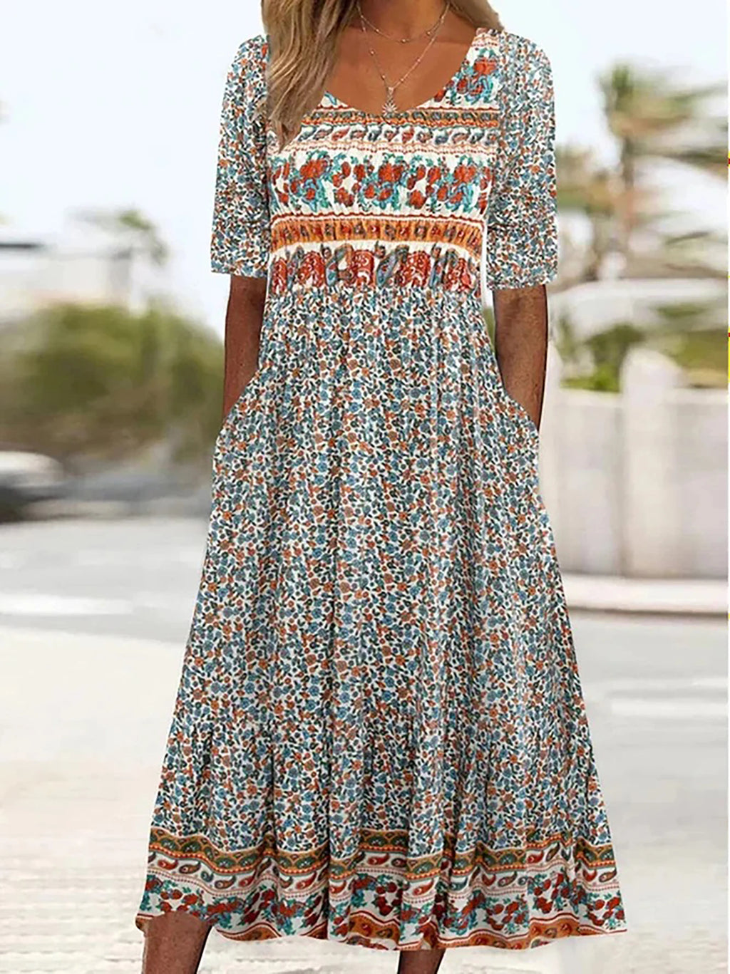 2025 Sommer Damen-Bohemia-Kleid locker, modischer Druck, Rundhalsausschnitt, kurze Ärmel, langes Kleid