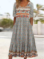 2025 Sommer Damen-Bohemia-Kleid locker, modischer Druck, Rundhalsausschnitt, kurze Ärmel, langes Kleid