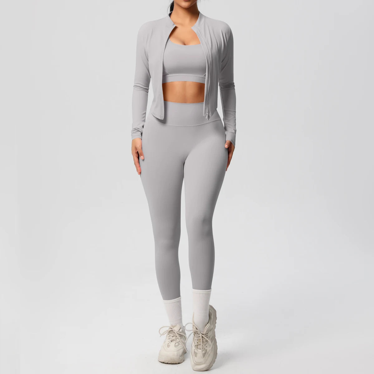3-teiliges Sportbekleidung Yoga-Set Gym Sport-BH Reißverschlussjacke Leggings Kleidung Sportbekleidung Yoga-Anzüge für Damen Fitness-Set Trainingsanzug