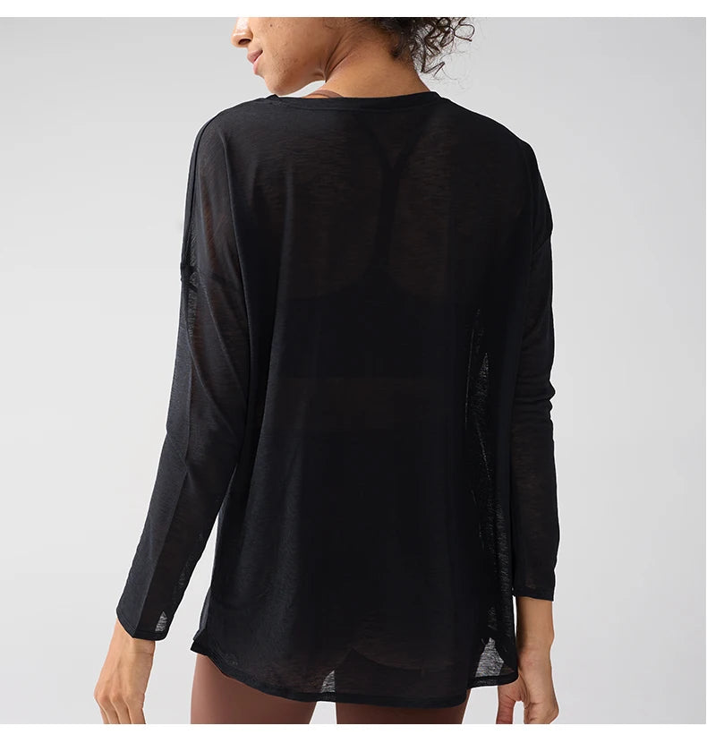 Mode Damen Atmungsaktive Lockere Schnelltrocknende Langarm Yoga Shirts Schlankmachende Seitenschlitze Freizeit Laufen Fitness Radfahren Oberteile