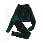 2/3tlg Damen Yoga Anzug Nahtlos Gestrickte Yogahose Leggings Kleidung Reißverschluss Langarm Crop Top Fitnesskleidung Sportbekleidung Gym Set