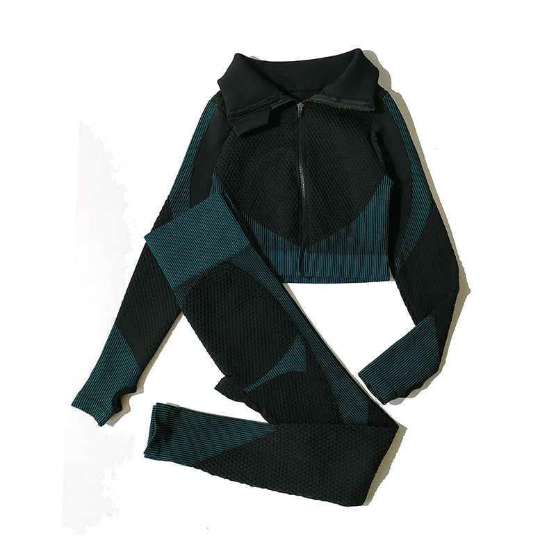 2/3tlg Damen Yoga Anzug Nahtlos Gestrickte Yogahose Leggings Kleidung Reißverschluss Langarm Crop Top Fitnesskleidung Sportbekleidung Gym Set