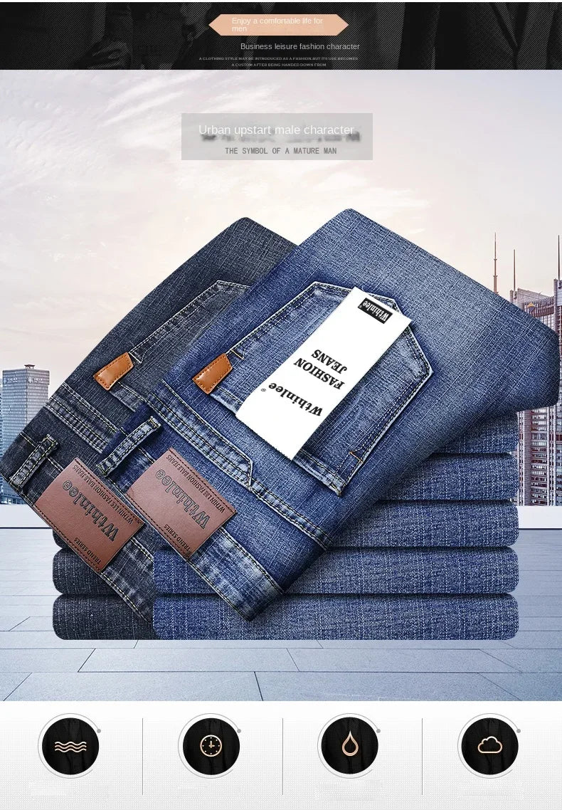 2024 Gerade, normale blaue Stretch-Jeans Frühling Herbst Herren Klassische Jeans Business Fashion Smart Jeans für Herren