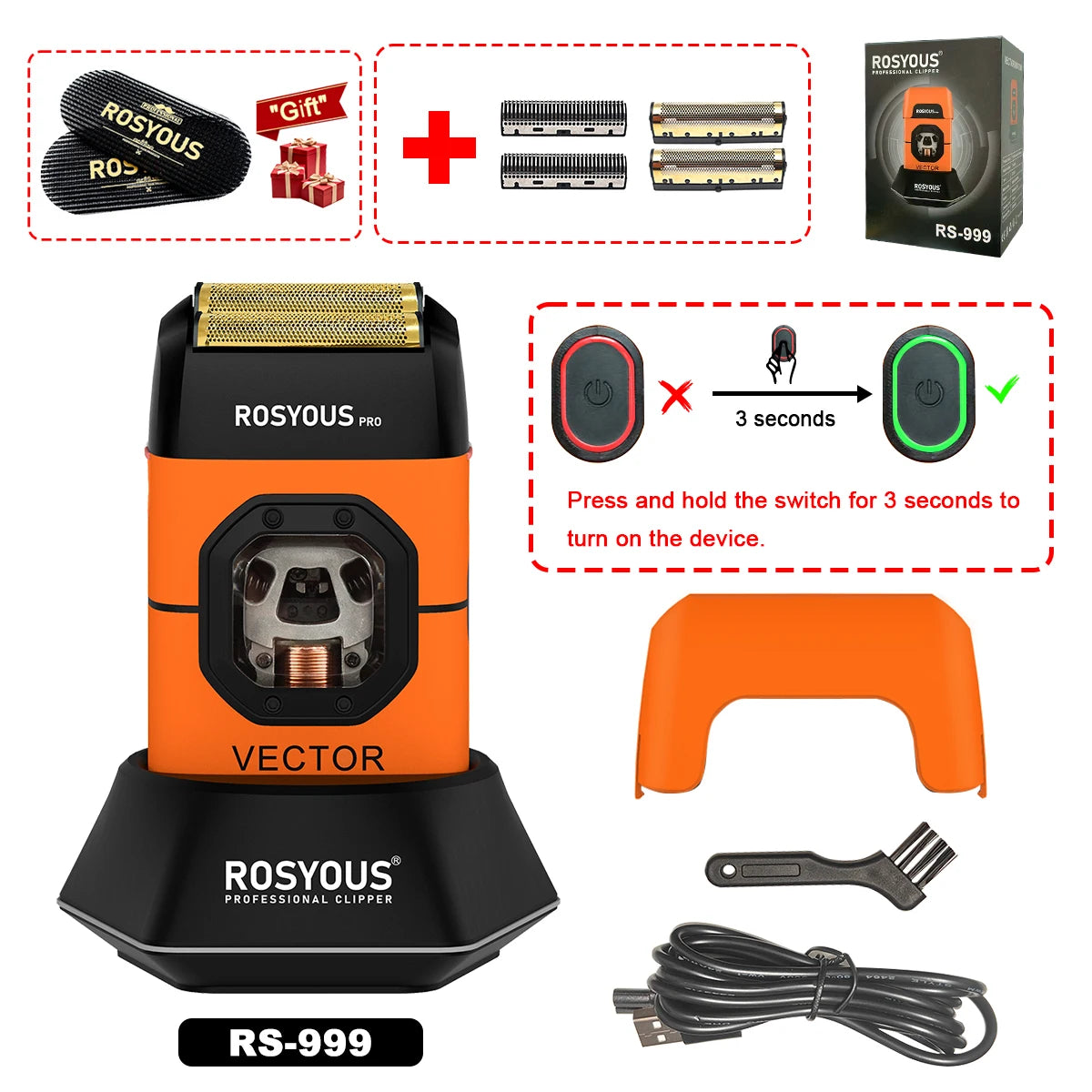 ROSYOUS RS-999 Elektrischer Herrenrasierer 13000 U/min Magnetischer Vektormotor Vollmetall mit Ladestation 2000mAh Friseursalon Bartschneidemaschine