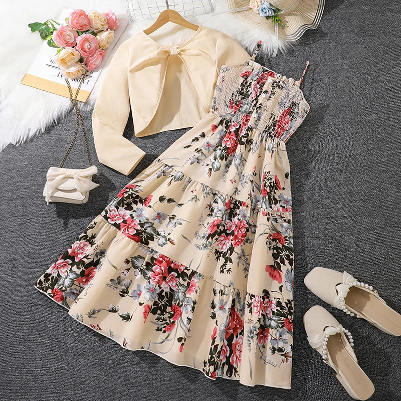 Kid Girl Long Sleeve Bow Design Coat & Beige All Print Shirred-Bodice Sling Dress Set Cute Sweet Elegant Princess Dress For Kids