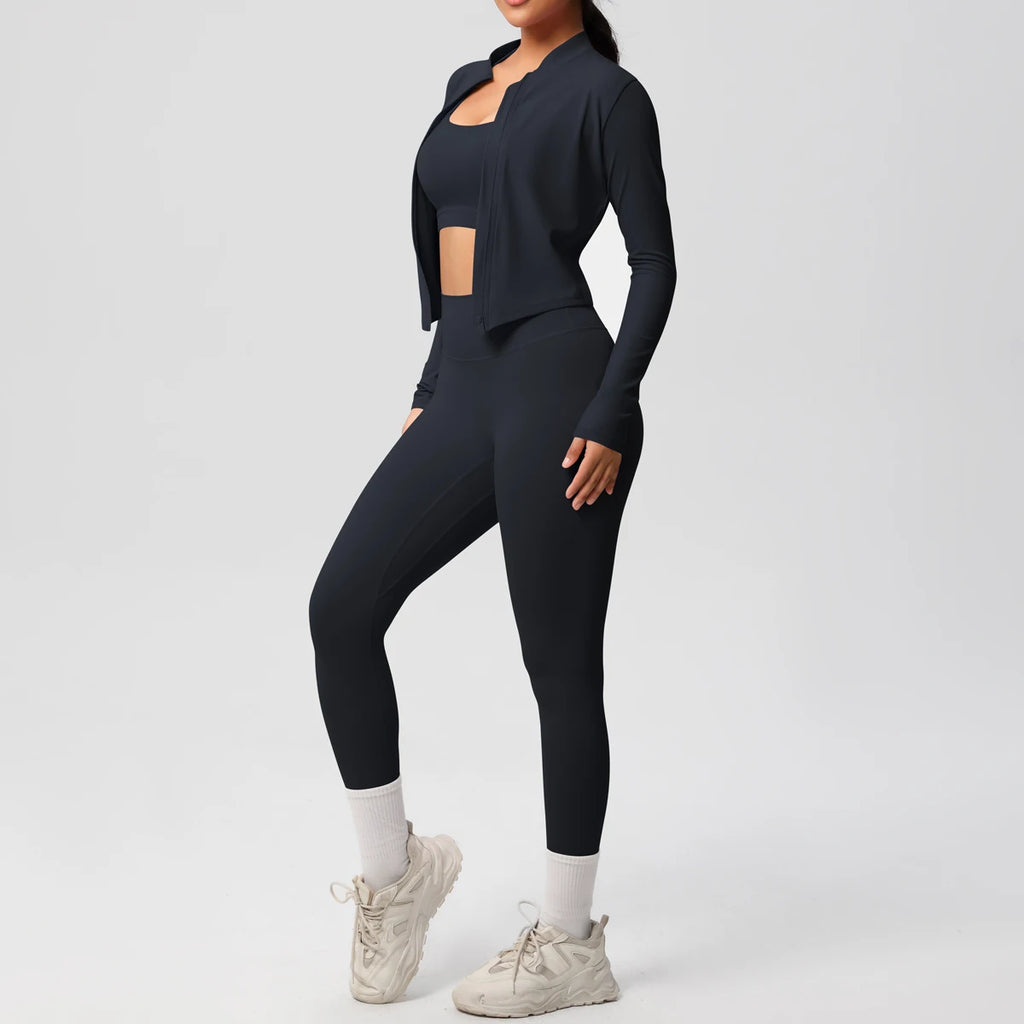 3-teiliges Sportbekleidung Yoga-Set Gym Sport-BH Reißverschlussjacke Leggings Kleidung Sportbekleidung Yoga-Anzüge für Damen Fitness-Set Trainingsanzug