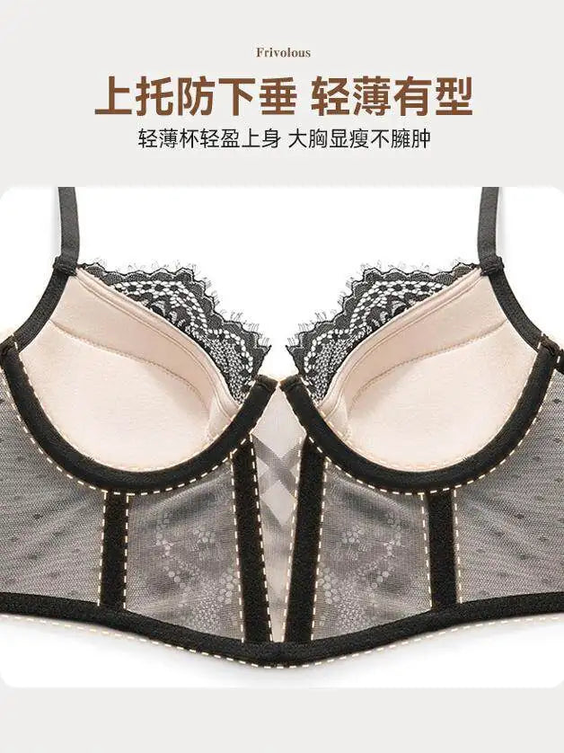 Französische Spitze Push-Up-Dessous-Set Frau dünner Bügel-BH, durchsichtige geraffte Chemise, weich, zierlich, kleine Oberweite S-XL Hot Sale