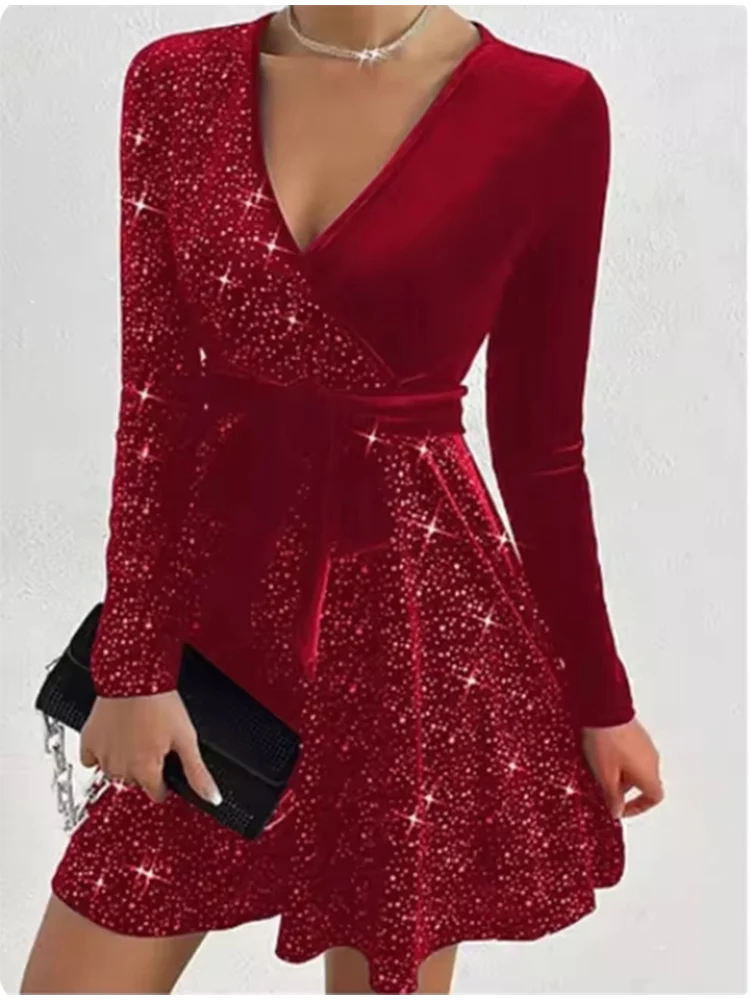 Damen V-Ausschnitt Sexy Langarm Pailletten Einfarbiges Kleid High Street Fashion Elegante Party Abendkleider