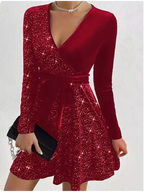 Damen V-Ausschnitt Sexy Langarm Pailletten Einfarbiges Kleid High Street Fashion Elegante Party Abendkleider