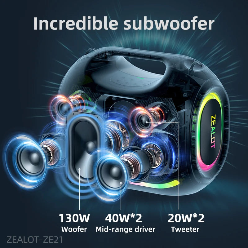 ZEALOT-ZE21 250W Tragbarer Bluetooth Lautsprecher Hohe Lautstärke Wasserdicht 48000mAh Kabelloser TWS Subwoofer Unterstützt USB/TF/AUX RGB-Licht Zweitbild