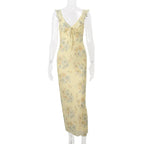 Kryptografischer Sommer Blumenmuster Plunge Maxikleid Outfits Sexy rückenfreie Feen Sonnenkleider Urlaub Strandmode Vestido Coquette