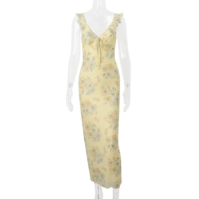 Kryptografischer Sommer Blumenmuster Plunge Maxikleid Outfits Sexy rückenfreie Feen Sonnenkleider Urlaub Strandmode Vestido Coquette