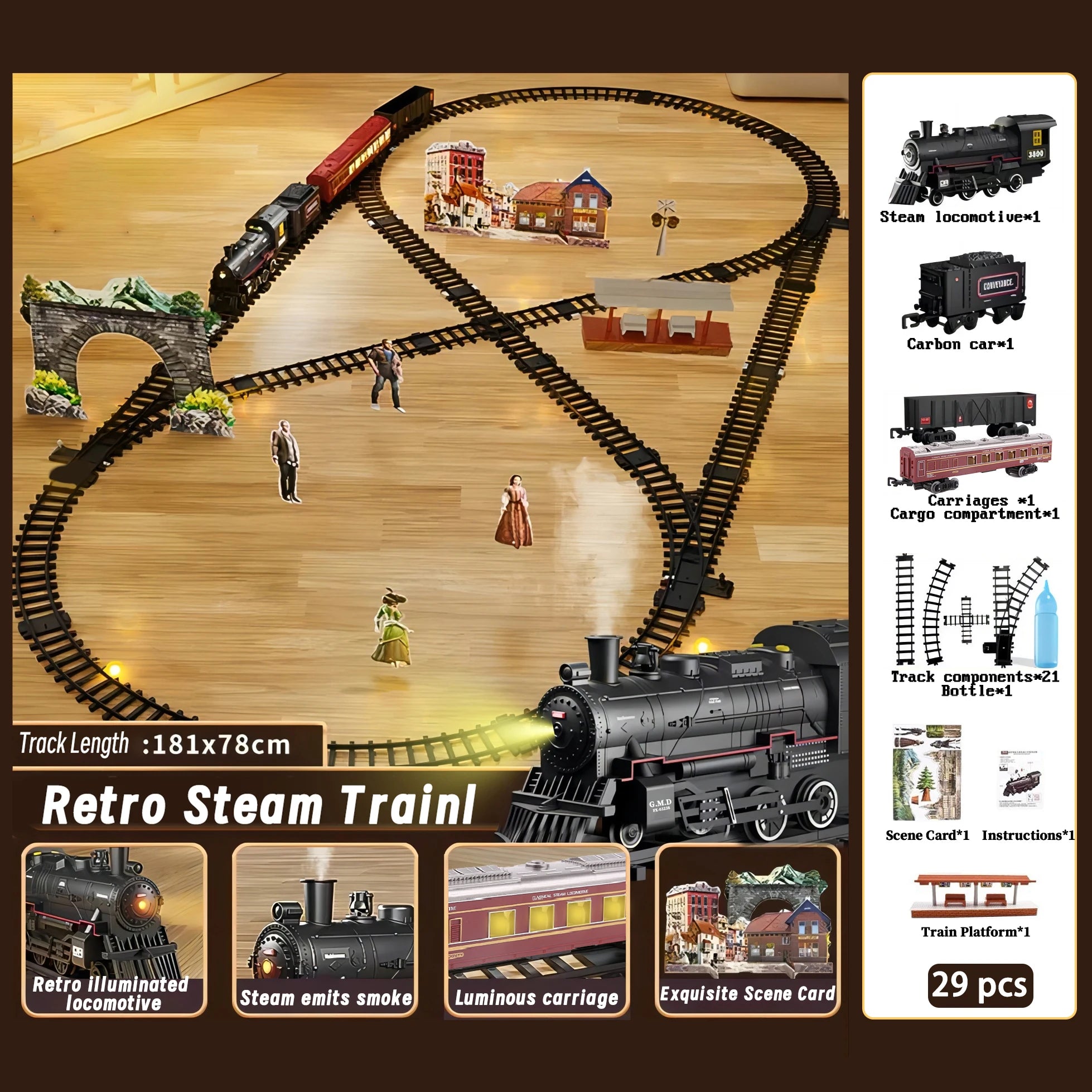 Klassische batteriebetriebene elektrische Eisenbahn Dampflokomotive Set mit Wassernachfüllung für Rauchzug Spielzeug mit Licht & Sound Hauptbild