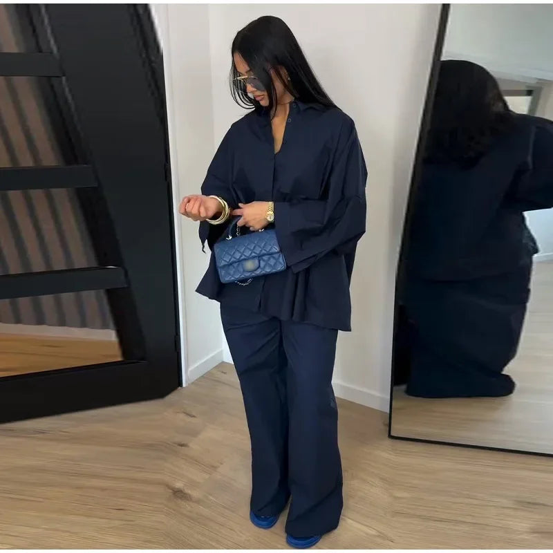 Damen Anzug mit Revers, langen Ärmeln, chic, einreihig, weites Bein, lange Hose, Sets 2026, lässiges, lockeres Outfit für den Alltag