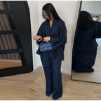 Damen Anzug mit Revers, langen Ärmeln, chic, einreihig, weites Bein, lange Hose, Sets 2026, lässiges, lockeres Outfit für den Alltag