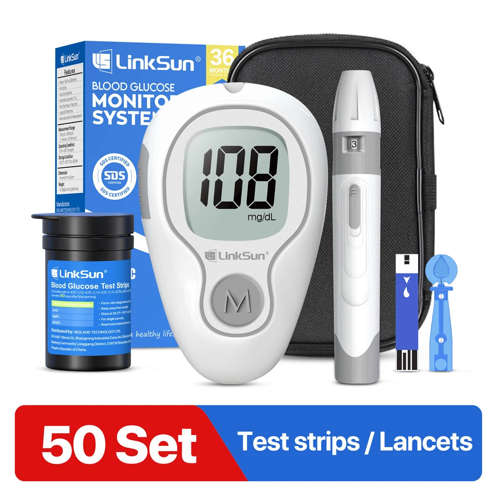 LinkSun Blutzuckermessgerät G-425-3 Glukometer ohne Codierung für Diabetestest 10/50/100 Teststreifen Lanzetten Medizinischer Blutzucker mg/mmol
