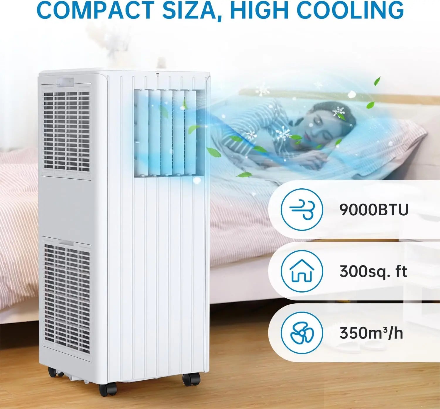 3-in-1 9000 BTU Portable Air Conditioner,Efficient Cooling,Dehumidifier 42L/day,Fan 2 Speed,Digital Display,Remote Control