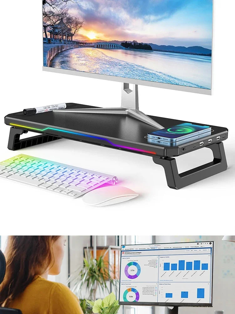RGB Light Effect Rechargeable Desktop Monitor Height Stand 3 USB 2.0 Port Universal Laptop Storage Rack With Wireless Charging