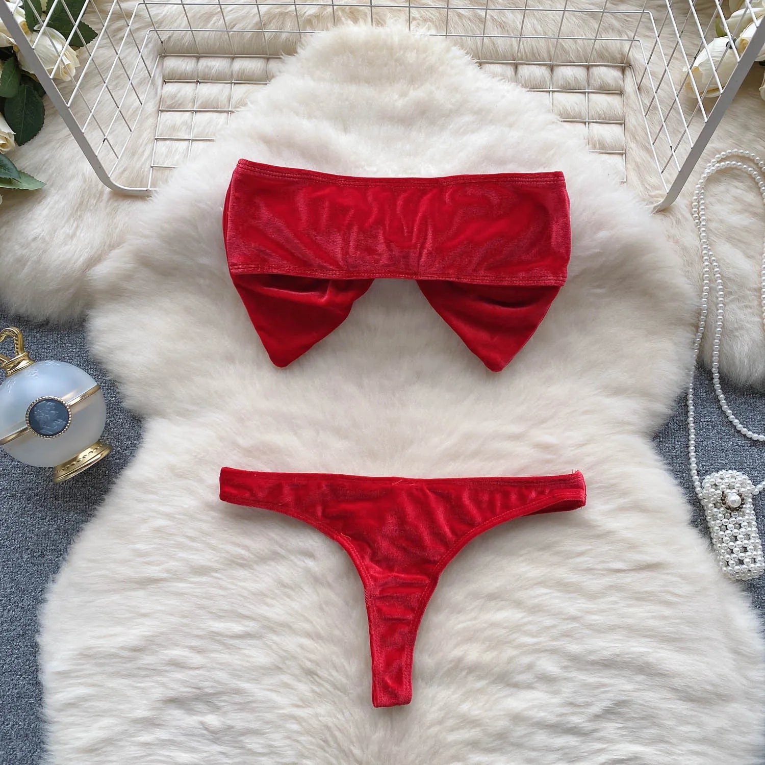 SINGREINY Weihnachten Erotische Dessous Anzüge Damen Trägerlos Eng Anliegend Kurze Nachtwäsche Mode Samt Schleife Sinnliche Unterwäsche Sets