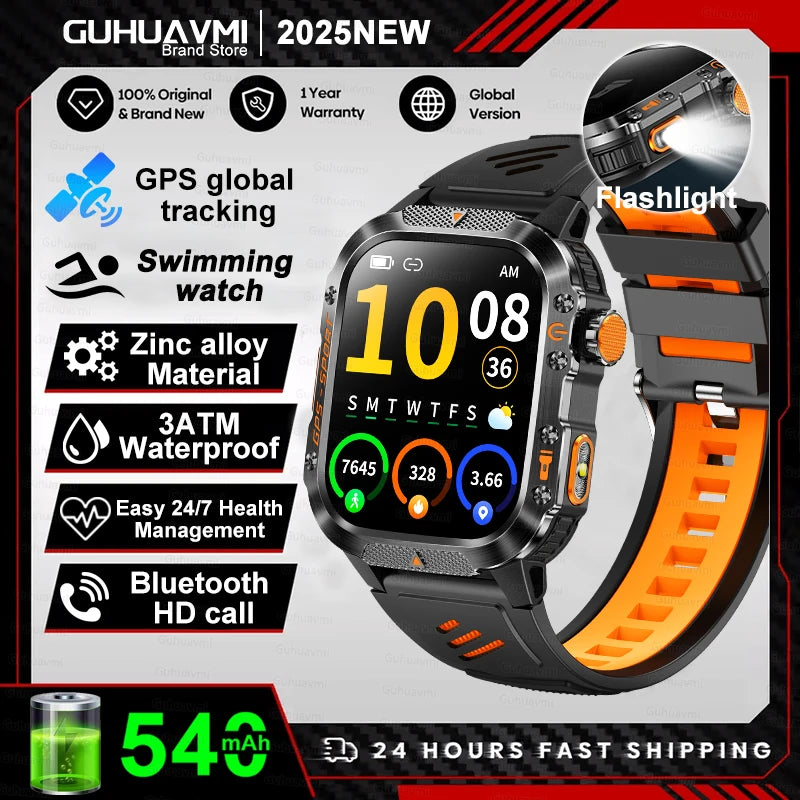 2025Neue GPS Smartwatch für Xiaomi IOS Militärkompass Taschenlampe Smartwatch Herren 10ATM Wasserdicht 100+Sportmodi BT Anruf Uhr