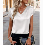 Neue Sommer Damen Mode Blusen Lässig Einfarbig Elegant Damen V-Ausschnitt Kurzarm Hemden Trendy Einfaches Lockeres Damen Satin-Oberteil