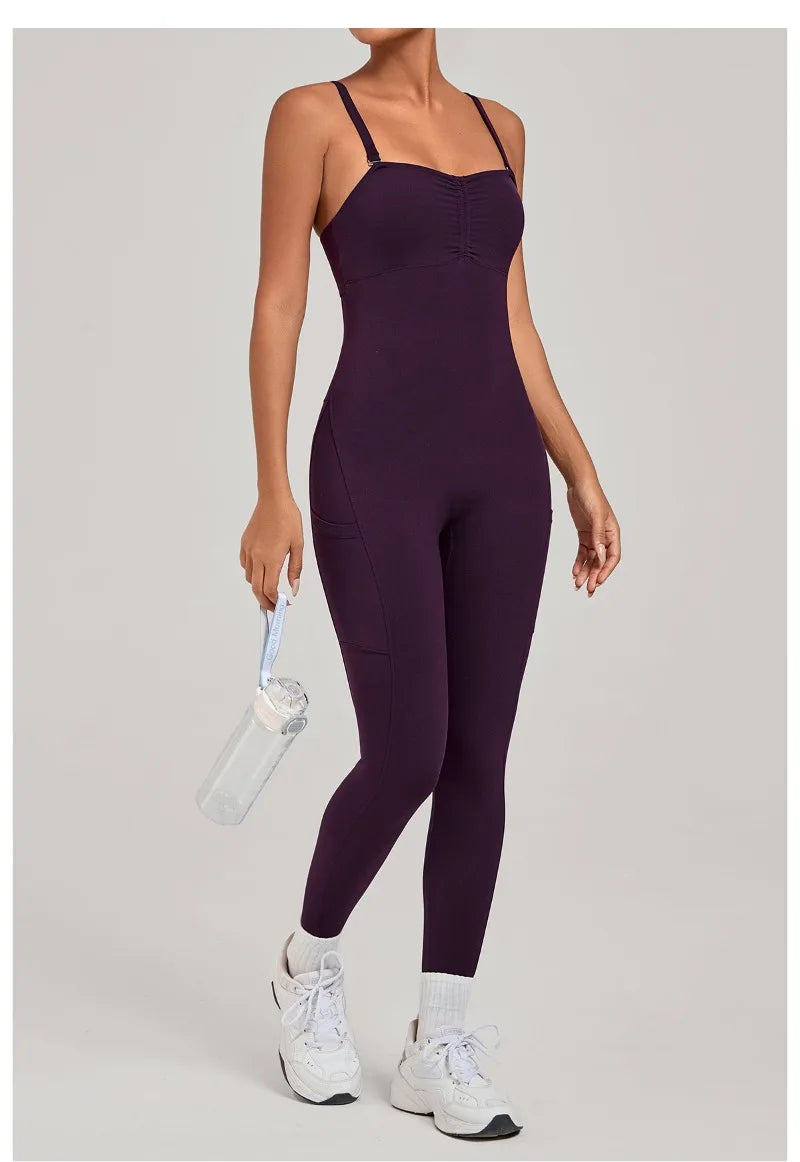 Damen Yoga Jumpsuits Sport Fitness Einteiler Schönheits-Rückengurt Tasche Hüfthebend Slim Fit Laufen Workout Training Bodysuit