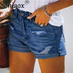 2024 Sommer neue Damen-Crimp-Knopfleiste Stretch Sexy Loch Jeans-Shorts High Waist Skinny Streetwear Trendige Ripped Denim-Shorts