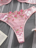 Rosa floral besticktes Dessous-Set 2-teilig mit Bügel, halbtransparent, Verschluss vorne, doppelter Haken hinten, sexy Unterwäsche für romantische Anlässe