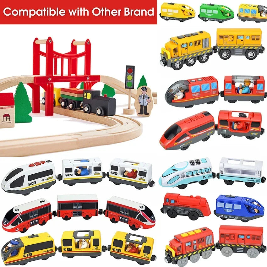 Magnetischer elektrischer Zug Lokomotive Holzeisenbahn Schlitz Diecast Eisenbahn mit zwei Waggons Zug Holz Kinderspielzeug Biro Leduo Strecke