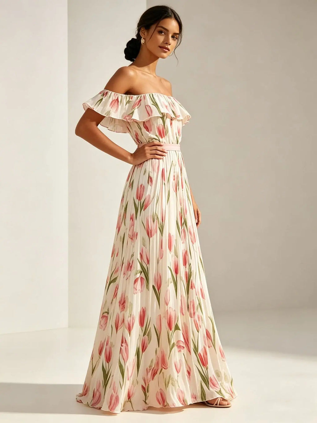 2026 Sommer schulterfreies Kleid mit Tulpenprint in großen Größen, schlankmachend, mit eckigem Ausschnitt und Maxilänge