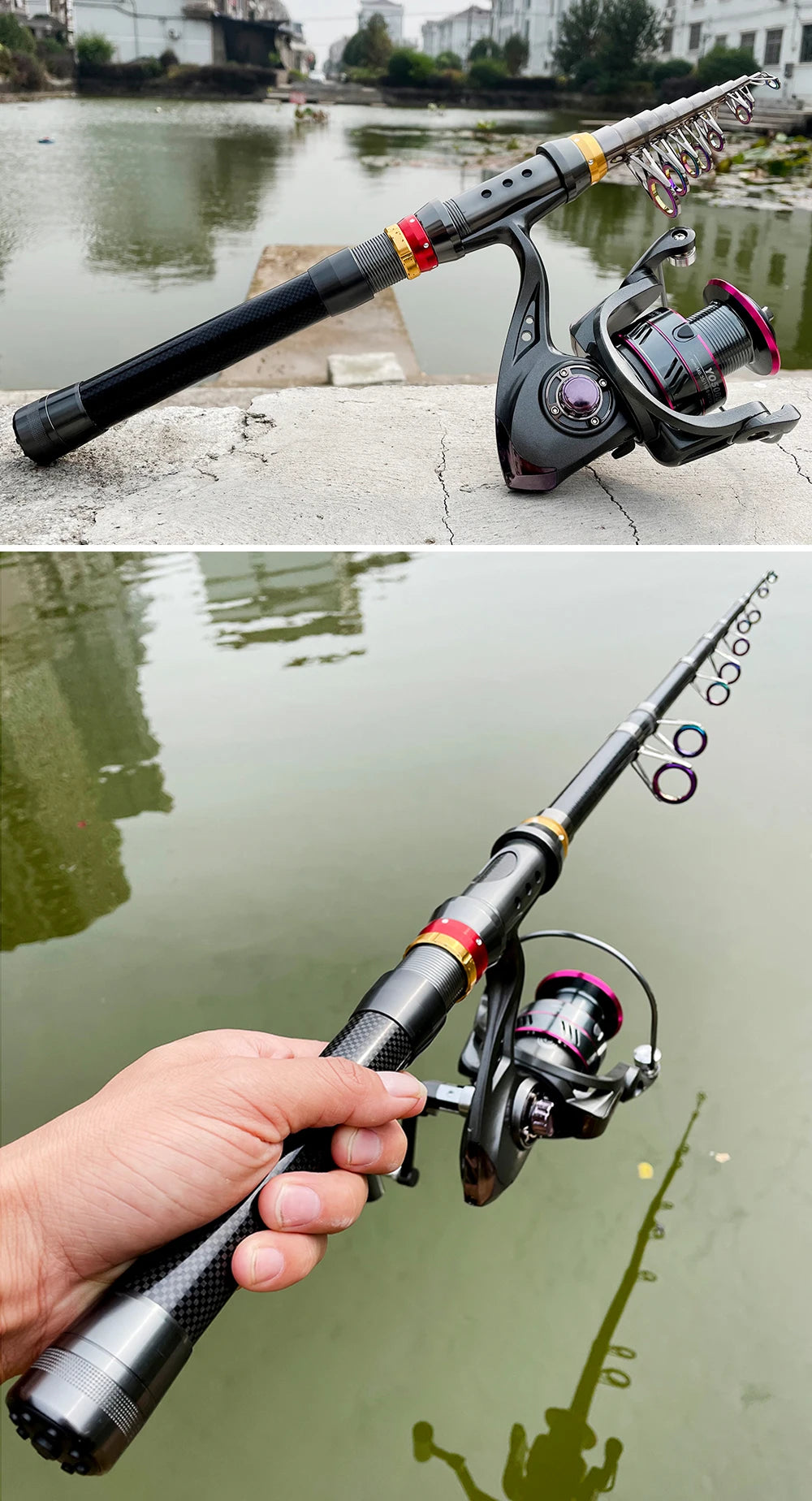 1.8-3.6m Kohlefaser Angelrute und Rollen-Set, superharte Teleskop-Angelrute, Spinnrollen-Set, max. Widerstand 3-8kg Pesca