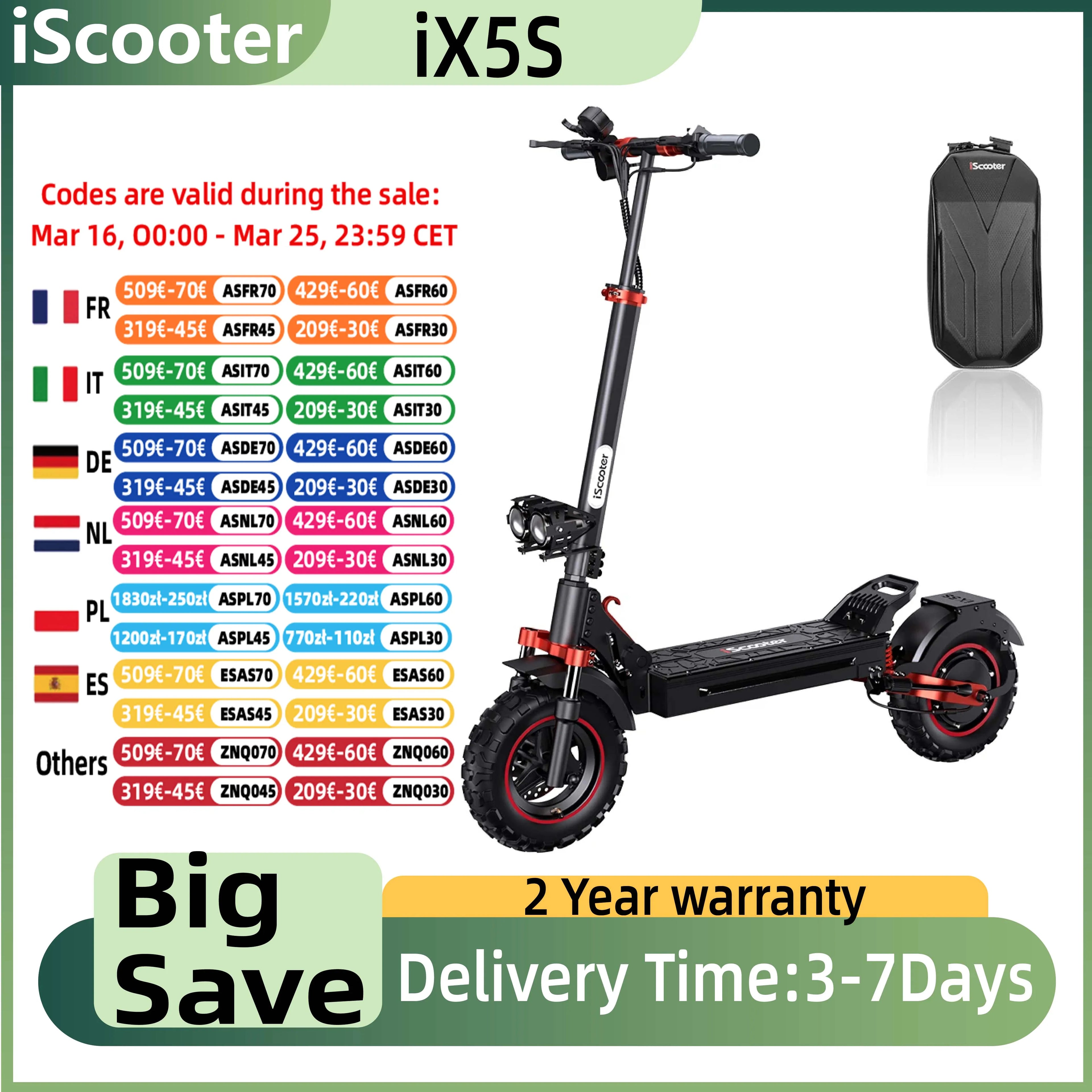 iScooter iX5S  Adults Electric Scooter 1000W Motor 48V15Ah Battery 11Inch  All Terrain Tire Foldable Electric Scooter
