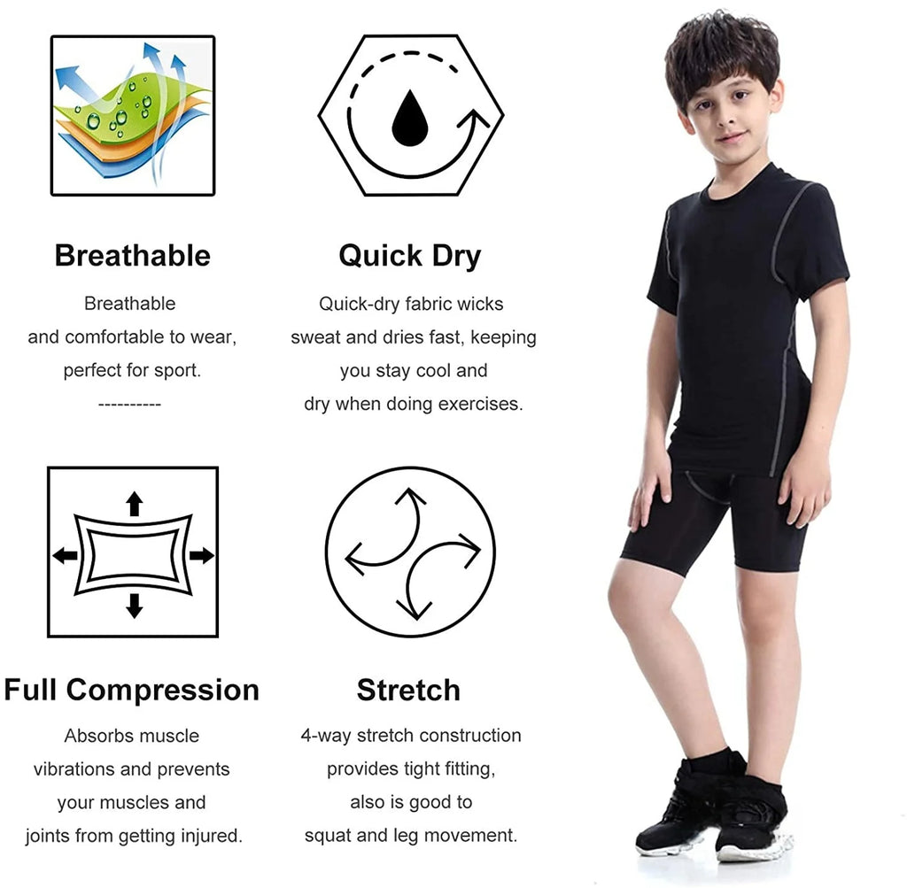 Youth Boys' Compression Sports Set Short Sleeve Athletic Shirts & Shorts Base Layer Set Sports Youth for Kids Football