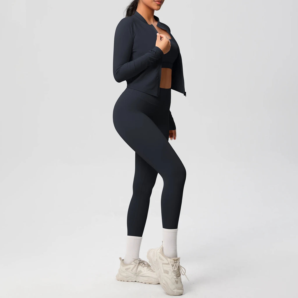 3-teiliges Sportbekleidung Yoga-Set Gym Sport-BH Reißverschlussjacke Leggings Kleidung Sportbekleidung Yoga-Anzüge für Damen Fitness-Set Trainingsanzug