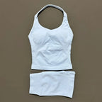 2-teiliges Sportset Damen Rückenloses Tanktop Hohe Taille Scrunch Nahtlose Shorts Fitnesskleidung Activewear Trainingssets Gym Anzug
