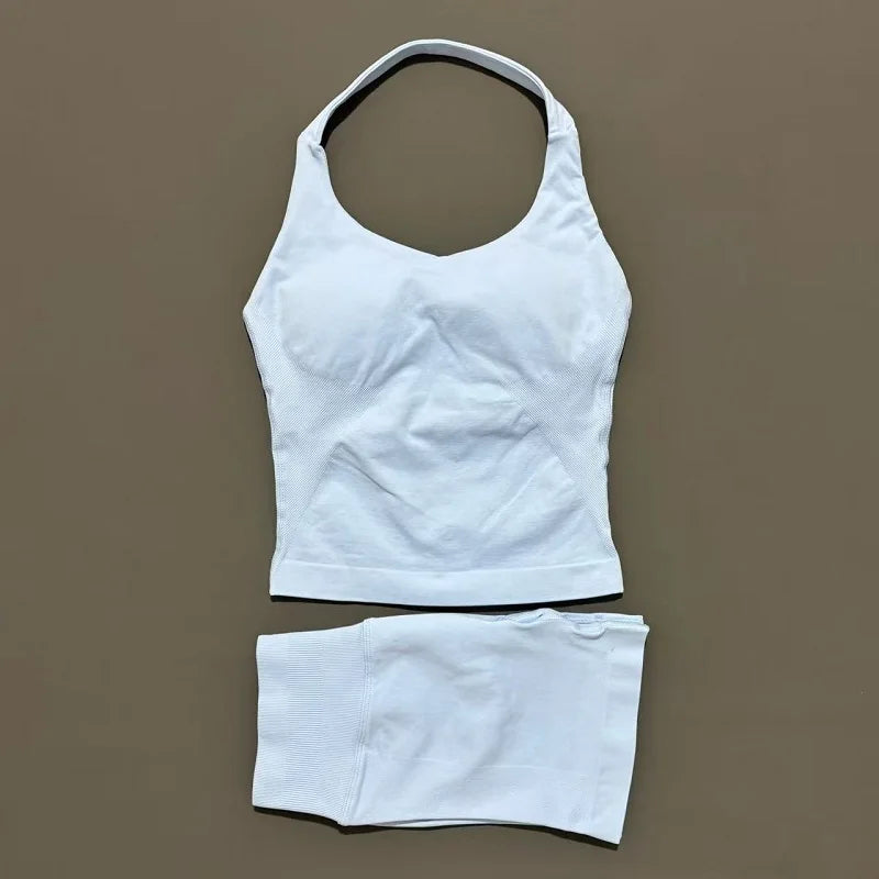 2-teiliges Sportset Damen Rückenloses Tanktop Hohe Taille Scrunch Nahtlose Shorts Fitnesskleidung Activewear Trainingssets Gym Anzug