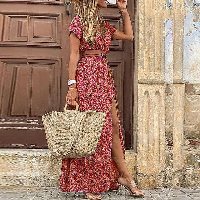 Sommer Bohemian Damen Maxikleid 2024 V-Ausschnitt Kurzarm Geblümt Strand Elegant Vintage Kleid mit Gürtel