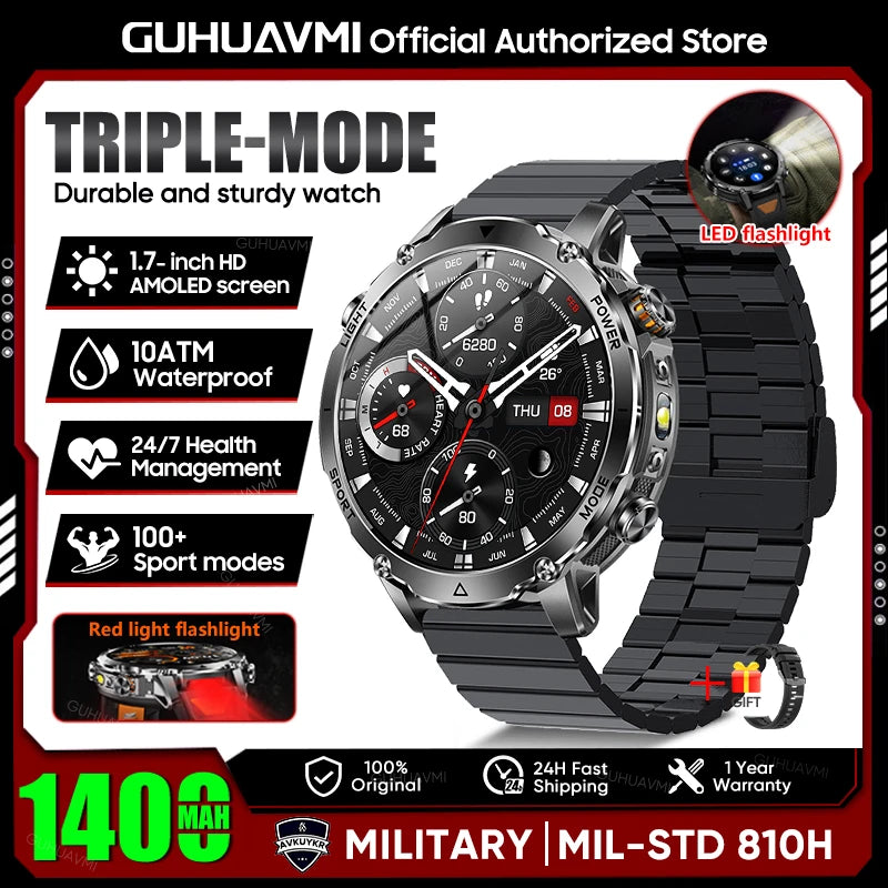 2026 Neue TANK Ultra 1400mAh Akku Militär Smartwatch 10ATM Wasserdicht Herzfrequenz Taktische LED Taschenlampe Herren Sportarmband