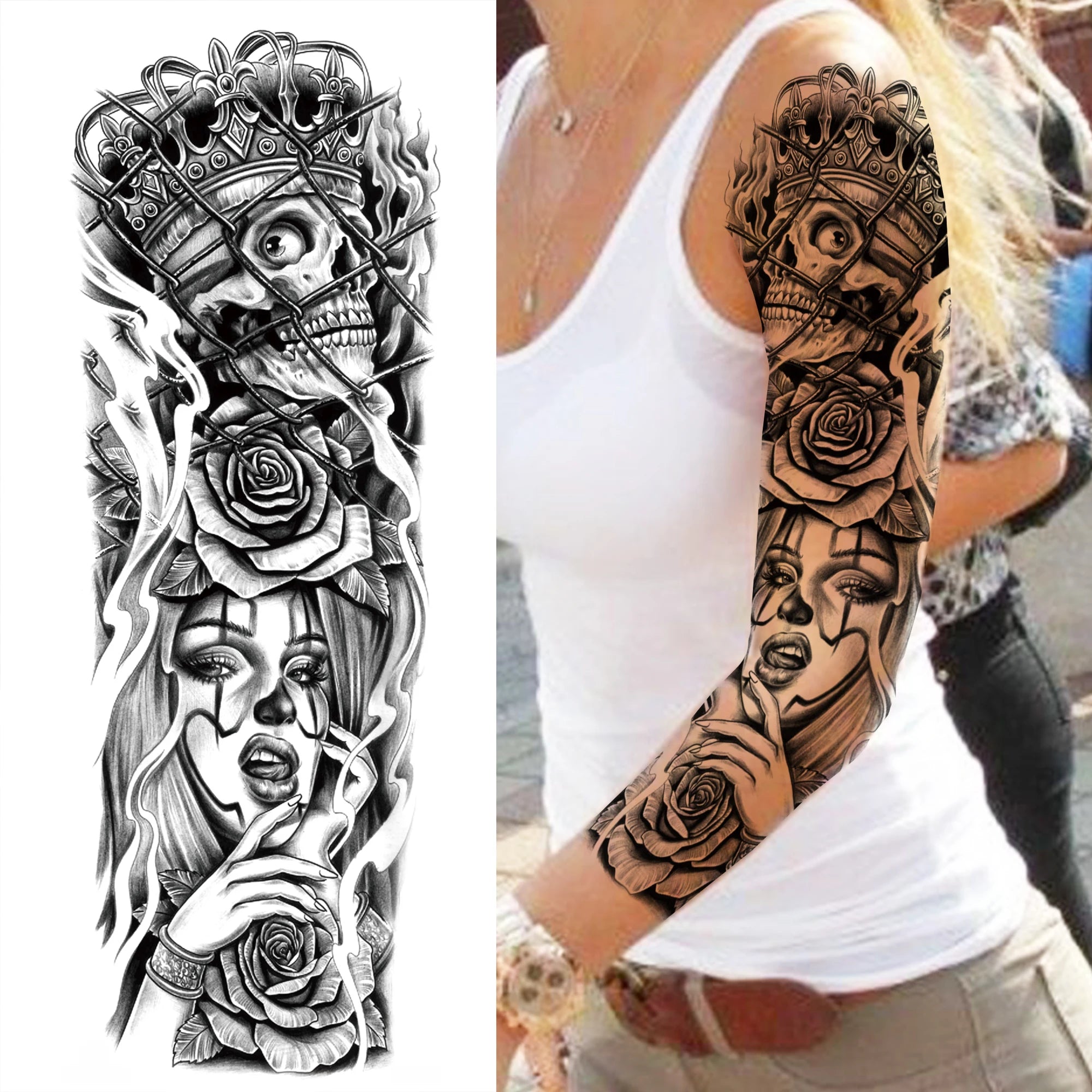 1 Sheet Full Arm Compass Zeus Skull Tiger Lion Flower Temporary Tattoos Sleeve For Men Women Adults Fake Temp Sticker Tattoo