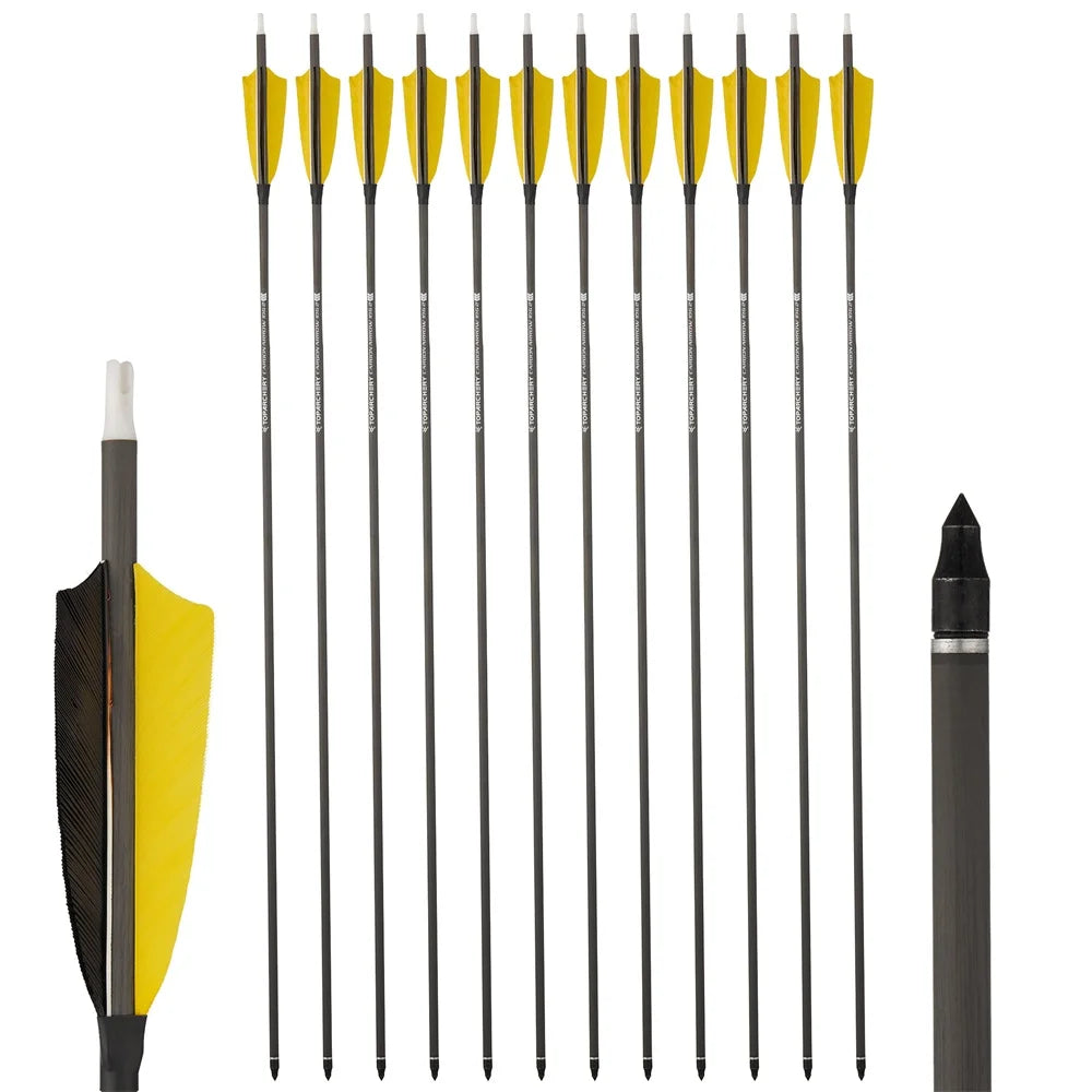 Toparchery 6/12/24 Stück 33 Zoll Bogenschießen reine Carbonpfeile ID6,2 mm Spine 400 mit 4 Zoll Naturfedern für Outdoor-Schießen Jagd