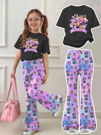 Mädchen 2-teiliges K-Pop-Konzert-Outfit 2026 – schwarzes Grafik-T-Shirt & ausgestellte Hose mit Pastell-Charakterprint für Kinder